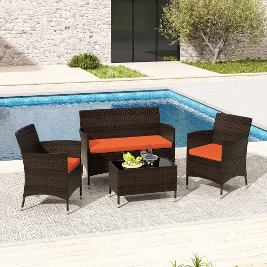 4 Pieces Comfortable Outdoor Rattan Sofa Set with Glass Coffee Table-Orange