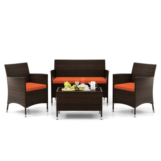 4 Pieces Comfortable Outdoor Rattan Sofa Set with Glass Coffee Table-Orange