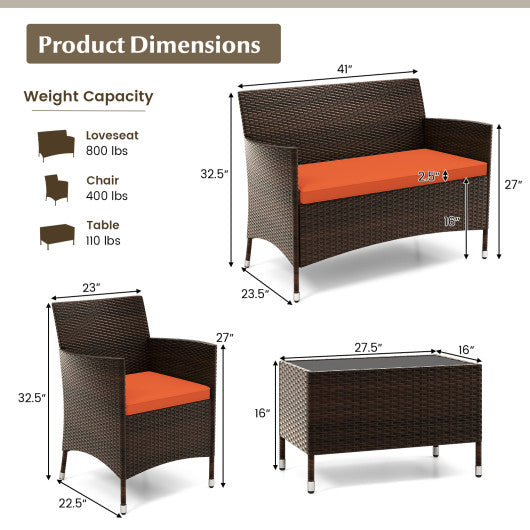 4 Pieces Comfortable Outdoor Rattan Sofa Set with Glass Coffee Table-Orange