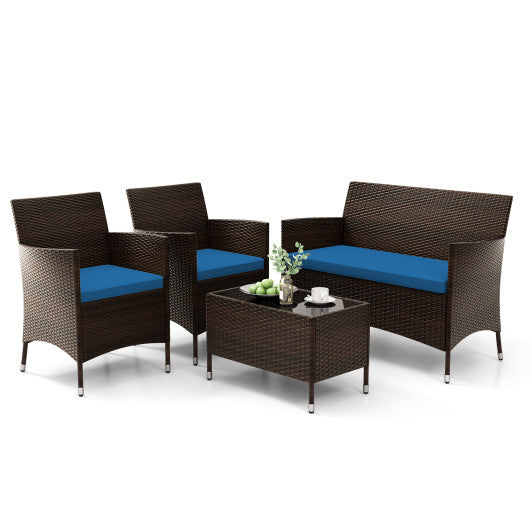 4 Pieces Comfortable Outdoor Rattan Sofa Set with Glass Coffee Table-Peacock Blue