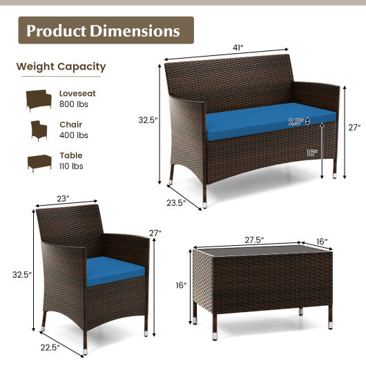 4 Pieces Comfortable Outdoor Rattan Sofa Set with Glass Coffee Table-Peacock Blue