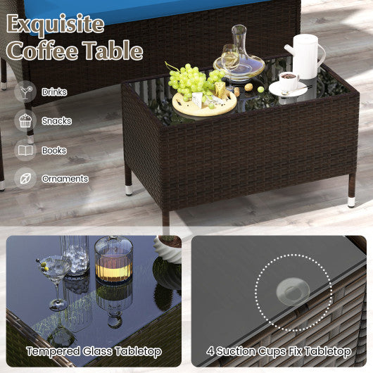 4 Pieces Comfortable Outdoor Rattan Sofa Set with Glass Coffee Table-Peacock Blue