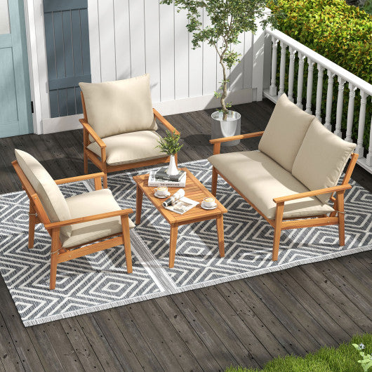 4 Pieces Outdoor Acacia Wood Conversation Set with Soft Cushions and Coffee Table-White