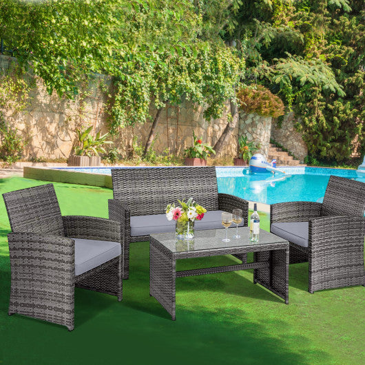 4 Pieces Patio Rattan Furniture Set with Glass Table and Loveseat-Gray