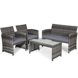 4 Pieces Patio Rattan Furniture Set with Glass Table and Loveseat-Gray