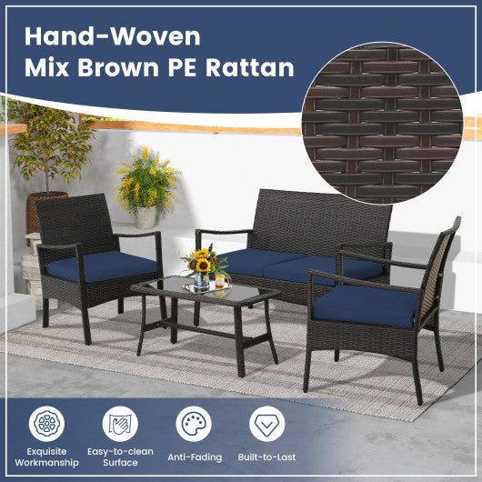 4 Pieces Outdoor Rattan Conversation Set with Tempered Glass Coffee Table-Navy