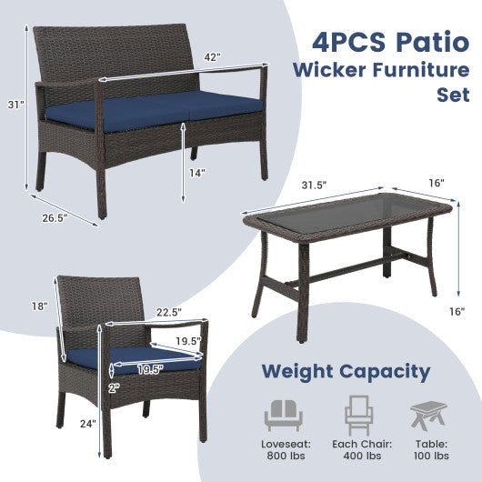 4 Pieces Outdoor Rattan Conversation Set with Tempered Glass Coffee Table-Navy