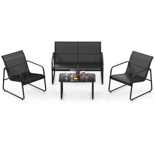 4 Pieces Outdoor Conversation Set with Tempered Glass Coffee Table-Black