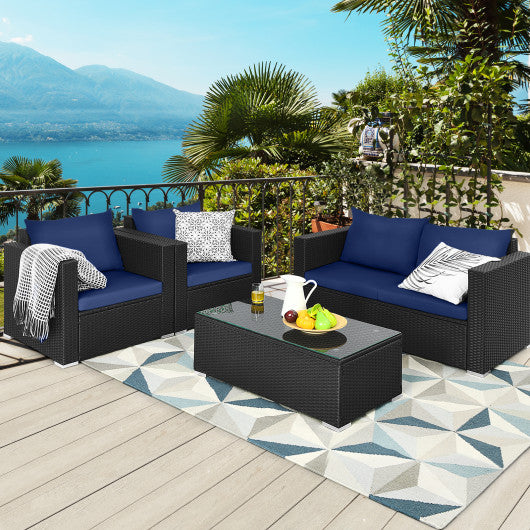 4 Pieces Patio Rattan Conversation Set with Padded Cushions-Navy