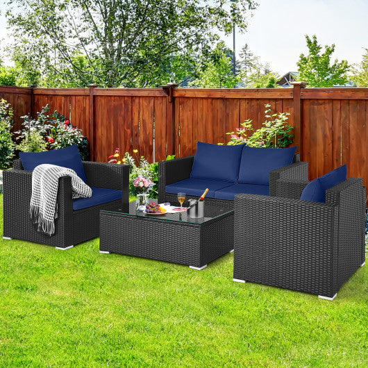 4 Pieces Patio Rattan Conversation Set with Padded Cushions-Navy