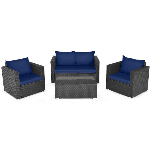 4 Pieces Patio Rattan Conversation Set with Padded Cushions-Navy