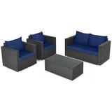 4 Pieces Patio Rattan Conversation Set with Padded Cushions-Navy