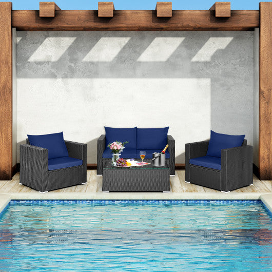 4 Pieces Patio Rattan Conversation Set with Padded Cushions-Navy