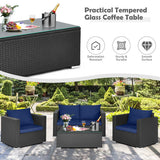 4 Pieces Patio Rattan Conversation Set with Padded Cushions-Navy