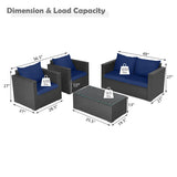 4 Pieces Patio Rattan Conversation Set with Padded Cushions-Navy
