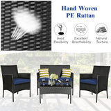 4 Pieces Patio Rattan Cushioned Sofa Set with Tempered Glass Coffee Table-Navy