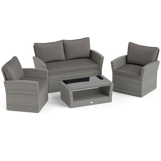 4 Pieces Patio Rattan Furniture Set Sofa Table with Storage Shelf Cushion-Gray