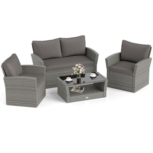 4 Pieces Patio Rattan Furniture Set Sofa Table with Storage Shelf Cushion-Gray