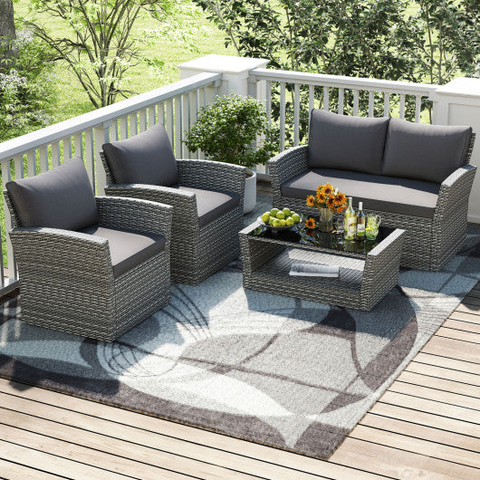 4 Pieces Patio Rattan Furniture Set Sofa Table with Storage Shelf Cushion-Gray
