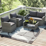 4 Pieces Patio Rattan Furniture Set Sofa Table with Storage Shelf Cushion-Gray