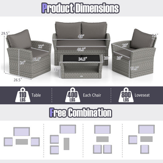 4 Pieces Patio Rattan Furniture Set Sofa Table with Storage Shelf Cushion-Gray