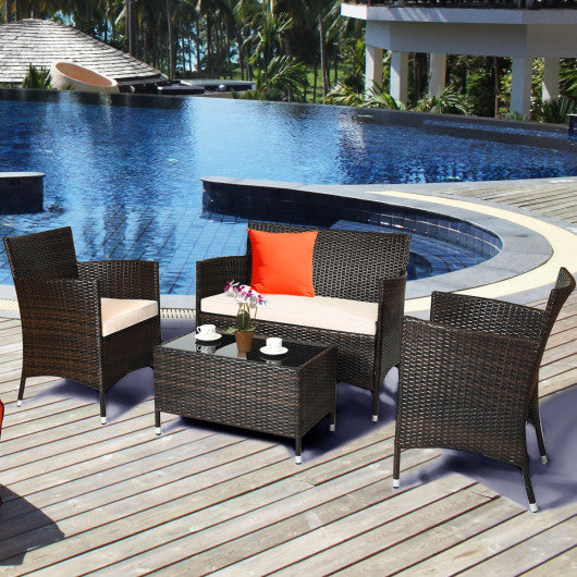 4 Pieces Comfortable Outdoor Rattan Sofa Set with Glass Coffee Table-Beige & Gray