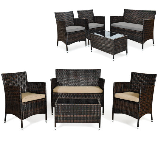 4 Pieces Comfortable Outdoor Rattan Sofa Set with Glass Coffee Table-Beige & Gray
