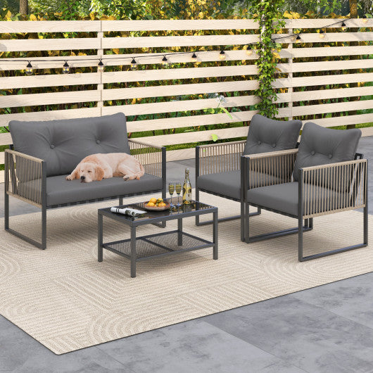 4 Pieces Outdoor PE Rattan Conversation Sofa Set with Cushions-Grey