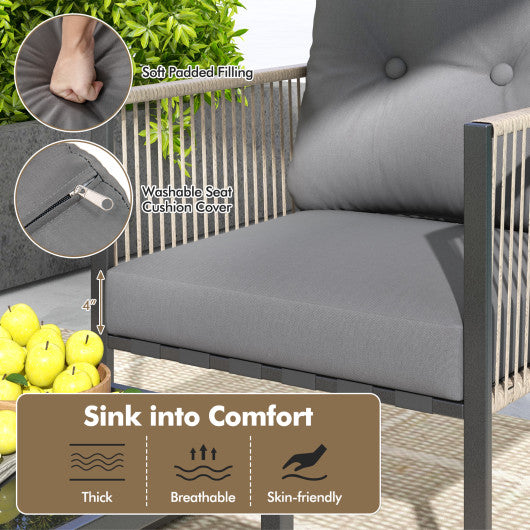 4 Pieces Outdoor PE Rattan Conversation Sofa Set with Cushions-Grey