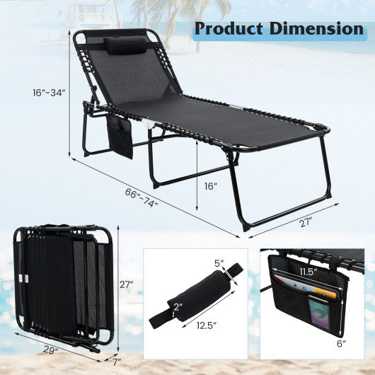 4 Position Folding Lounge Chaise with Adjustable Backrest and Footrest-Black
