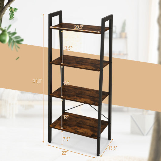 4-Tier Bookshelf with Metal Frame and Adjustable Foot Pads-Rustic Brown
