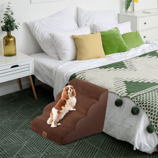 4-Tier Foam Non-Slip Dog Steps with Washable Zippered Cover-Brown