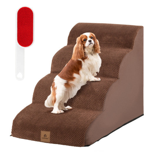 4-Tier Foam Non-Slip Dog Steps with Washable Zippered Cover-Brown