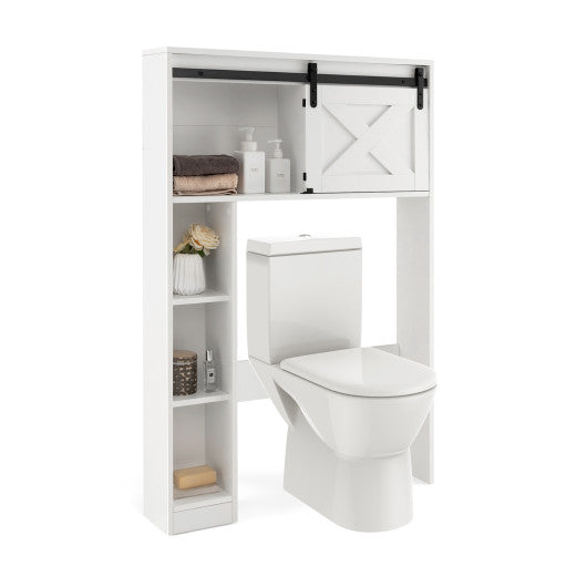 4-Tier Over The Toilet Storage Cabinet with Sliding Barn Door and Storage Shelves-White