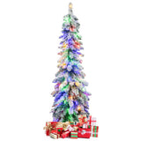 4 Feet Pre-Lit Artificial Christmas Tree Snow-Flocked Slim Pencil Xmas Decor