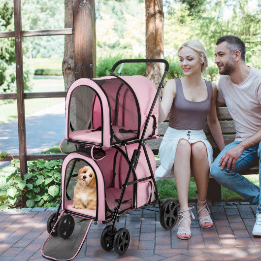 4-in-1 Double Pet Stroller with Detachable Carrier and Travel Carriage-Pink