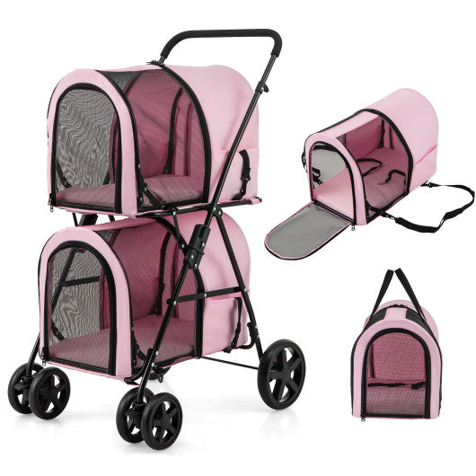 4-in-1 Double Pet Stroller with Detachable Carrier and Travel Carriage-Pink