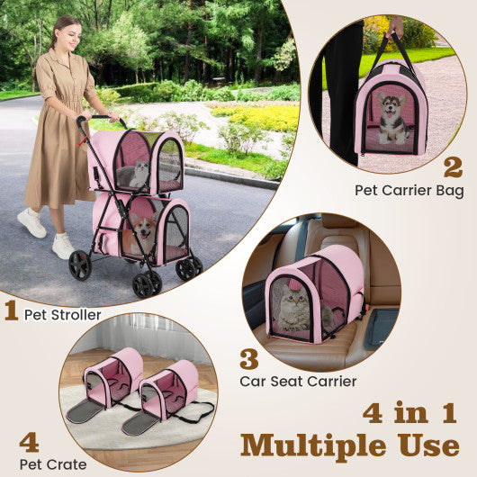 4-in-1 Double Pet Stroller with Detachable Carrier and Travel Carriage-Pink
