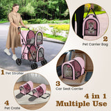 4-in-1 Double Pet Stroller with Detachable Carrier and Travel Carriage-Pink