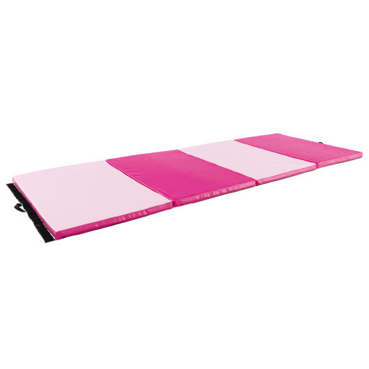 4-Panel PU Leather Folding Exercise Mat with Carrying Handles-Hot Pink