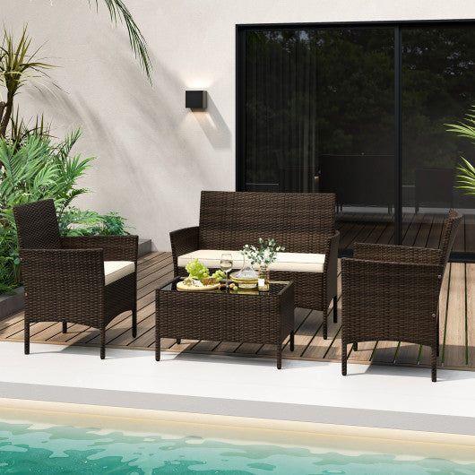 4 Piece Patio Rattan Conversation Set with Cozy Seat Cushions-Beige