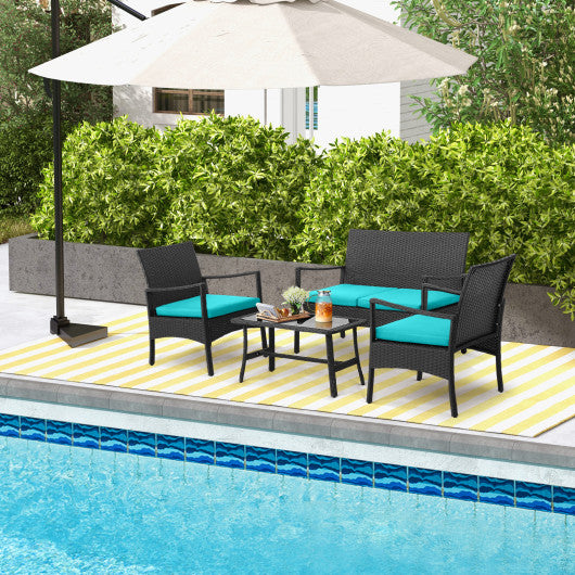 4 Pieces Rattan Conversation Set with Tempered Glass Coffee Table-Turquoise