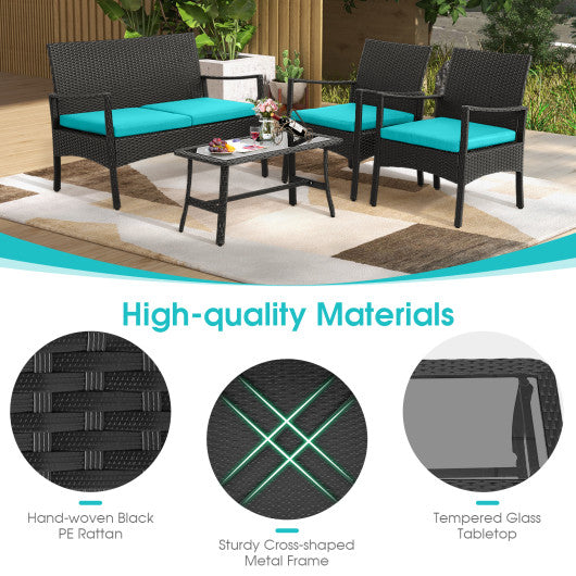 4 Pieces Rattan Conversation Set with Tempered Glass Coffee Table-Turquoise