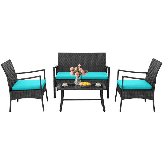 4 Pieces Rattan Conversation Set with Tempered Glass Coffee Table-Turquoise