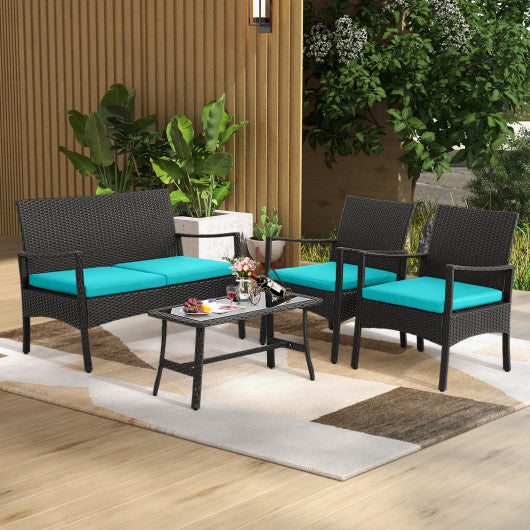 4 Pieces Rattan Conversation Set with Tempered Glass Coffee Table-Turquoise