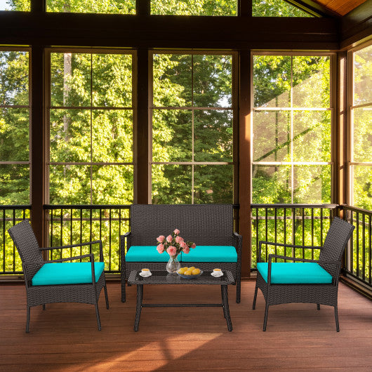 4 Pieces Rattan Conversation Set with Tempered Glass Coffee Table-Turquoise
