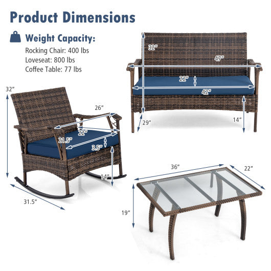 4 Pieces Wicker Rocking Set with Bungee Rope Seat for Porch Yard-Navy