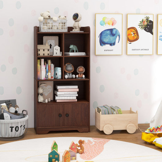 4 Tiers Bookshelf with 4 Cubes Display Shelf and 2 Doors-Brown