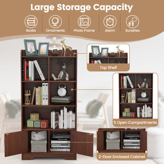 4 Tiers Bookshelf with 4 Cubes Display Shelf and 2 Doors-Brown