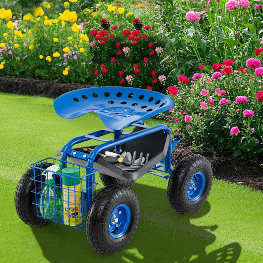 4-Wheel Rolling Garden Cart Work Seat-Blue